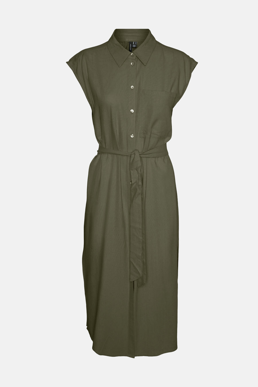 Olijfgroene damesjurk met riem, korte mouwen en knoopsluiting.