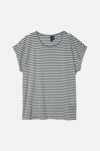 T-shirt bleu rayé à manches courtes de VERO MODA avec un col rond et des manches retroussées.