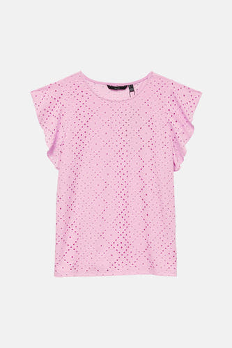 T-shirt rose de VERO MODA, à manches courtes et avec un motif à carreaux ajouré.