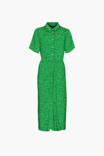 Robe verte à manches courtes de VERO MODA, avec imprimé feuille et fermeture à boutons.