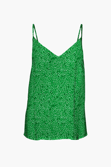 Top à bretelles spaghetti vert avec imprimé blanc de VERO MODA®, doté d'un décolleté en V profond et d'un léger drapé