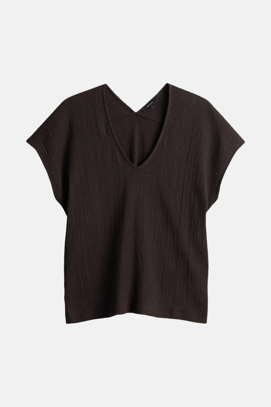 Bruine korte mouwen t-shirt van OPUS met diepe V-hals en geribbelde textuur, front view