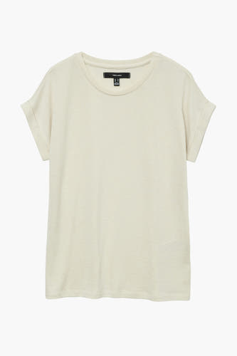 T-shirt beige à manches courtes de Vero Moda, avec une fine structure en côtes et des manches retroussées.