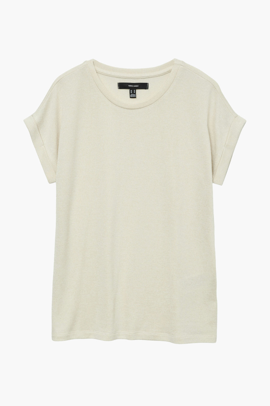 T-shirt beige à manches courtes de Vero Moda, avec une fine structure en côtes et des manches retroussées.