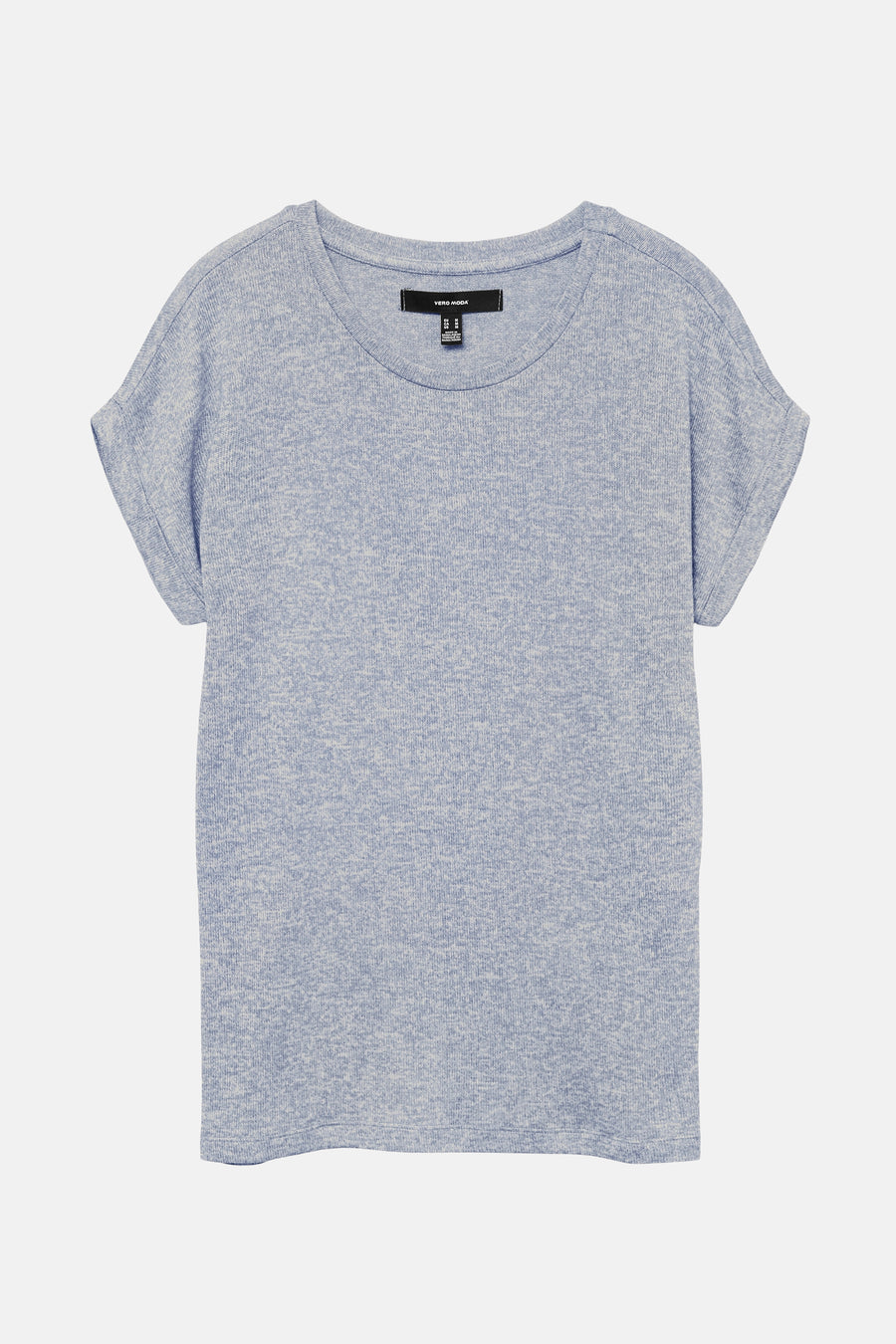 Blauw T-shirt met korte mouwen van VERO MODA, met omgeslagen mouwen en een subtiele melange textuur.
