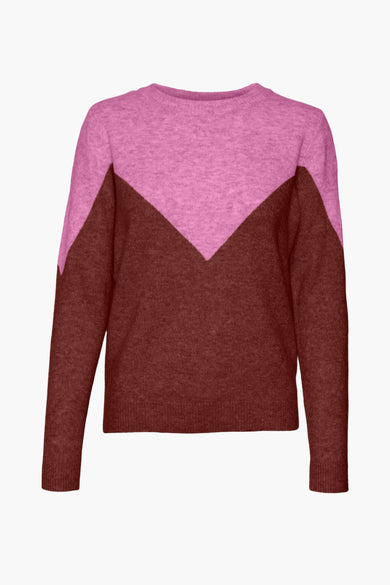 T-shirt rose avec col rond de VERO MODA, avec un motif bloc couleur marron en forme de V.