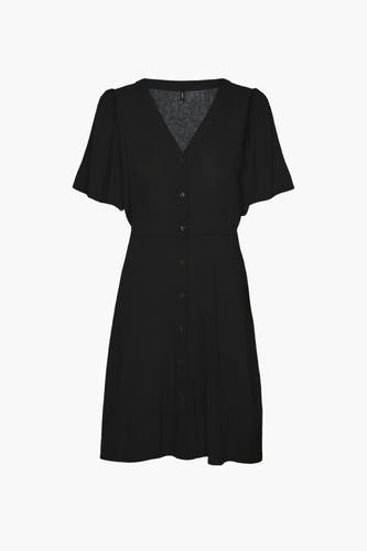 Robe noire à manches courtes de VERO MODA, avec fermeture à boutons devant.