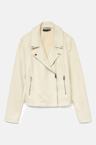 Manteau de cuir beige VERO MODA, avec des fermetures à glissière argentées et une fermeture asymétrique.