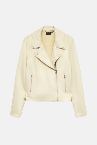 Manteau de cuir beige de Vero Moda, avec une fermeture éclair asymétrique et des détails argentés.