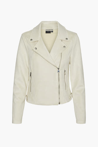 Manteau de cuir beige VERO MODA, avec une fermeture éclair asymétrique et des détails argentés.