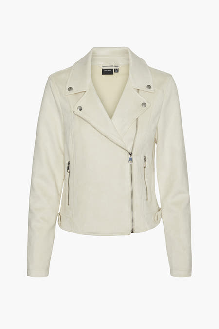 Manteau de cuir beige VERO MODA, avec une fermeture éclair asymétrique et des détails argentés.