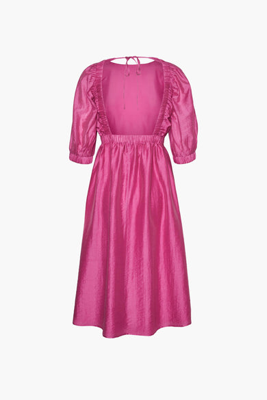 Roze kleedje van VERO MODA® met korte mouwen en een open rug met strikdetail.
