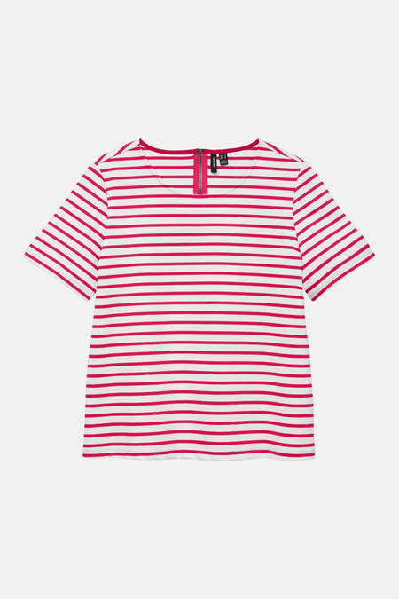 T-shirt rose à manches courtes de VERO MODA, avec des rayures blanches et une fermeture éclair rose à l'arrière.
