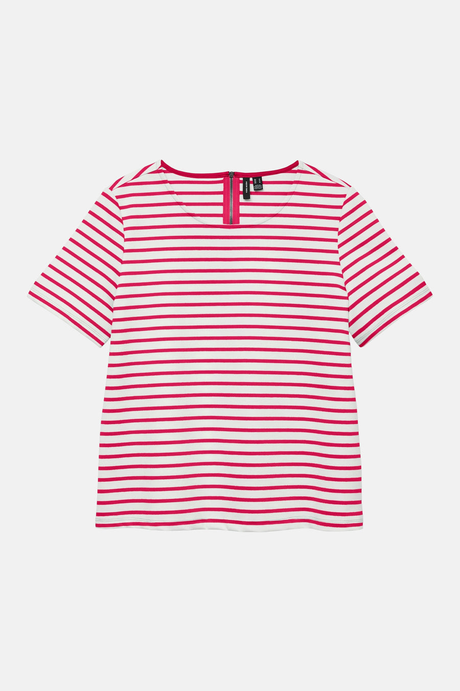 T-shirt rose à manches courtes de VERO MODA, avec des rayures blanches et une fermeture éclair rose à l'arrière.