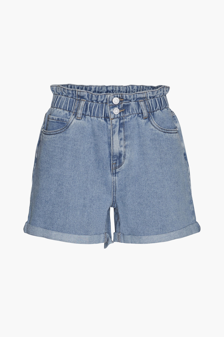 Short en jean bleu de VERO MODA® avec taille élastique, deux boutons et ourlets retroussés.