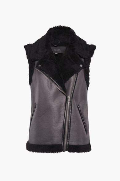 Gilet chauffant noir de VERO MODA, avec fourrure imitée et une texture lisse, vu de derrière.