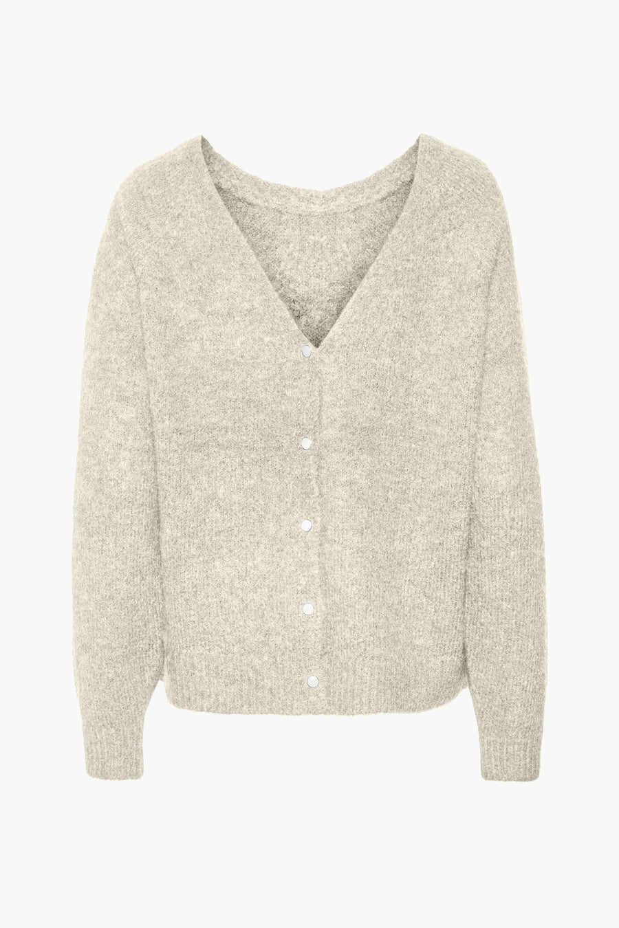 Gilet beige avec col rond de VERO MODA, texture tricot fine et fermeture à boutons.
