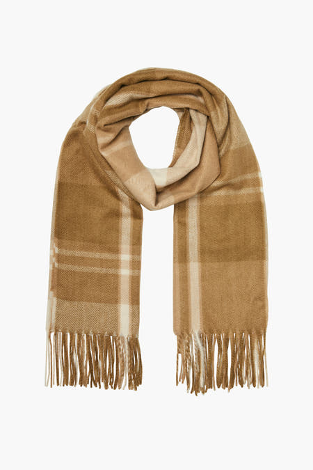 Écharpe d'hiver brune de VERO MODA avec un motif de lunettes et des franges.