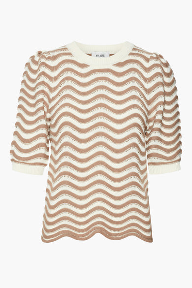 Gilet beige avec col rond de VERO MODA, à rayures ondulées et manches courtes.