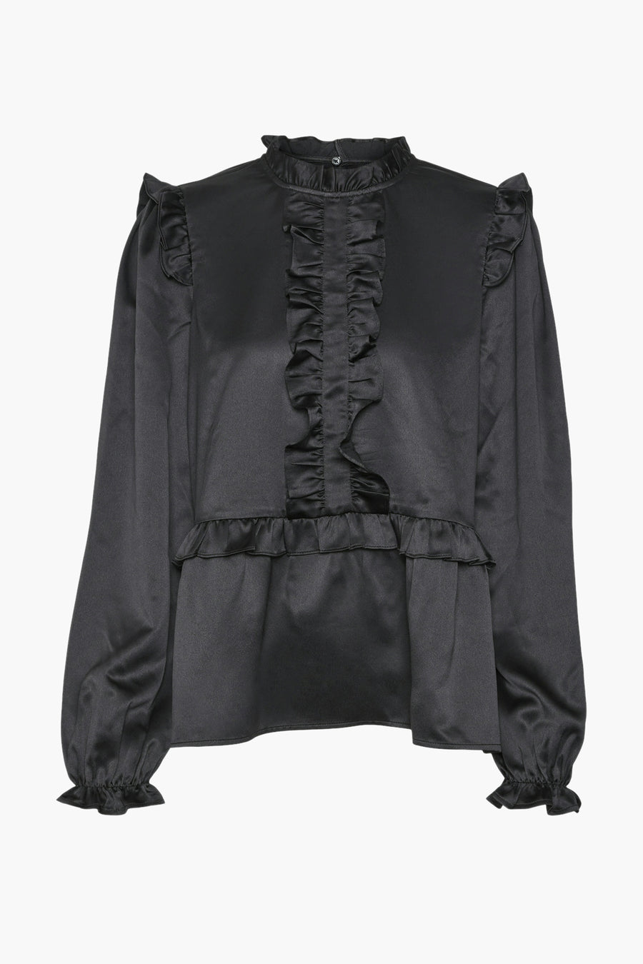 Blouse noire à manches longues de VERO MODA, avec des volants au col et à l'avant.
