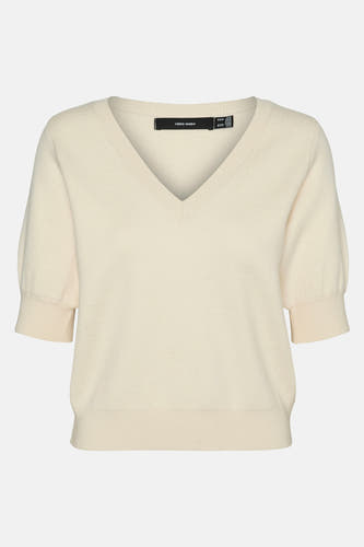 Sweat-shirt écru de VERO MODA avec col en V, manches courtes et bordures côtelées.