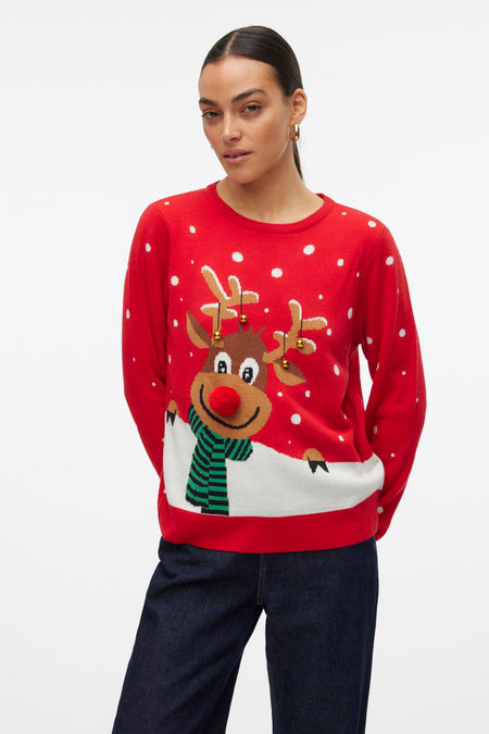 Sweat-shirt rouge avec col rond de VERO MODA, imprimé de renne de Noël et motif de flocons de neige.