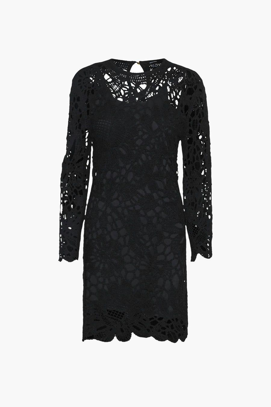 Zwarte kanten jurk met lange mouwen.