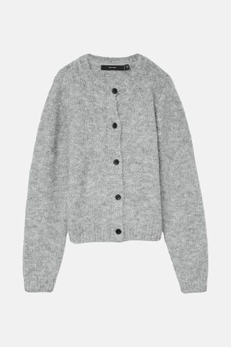 Gilet gris de VERO MODA, avec fermeture à boutons et une fine texture tricotée.