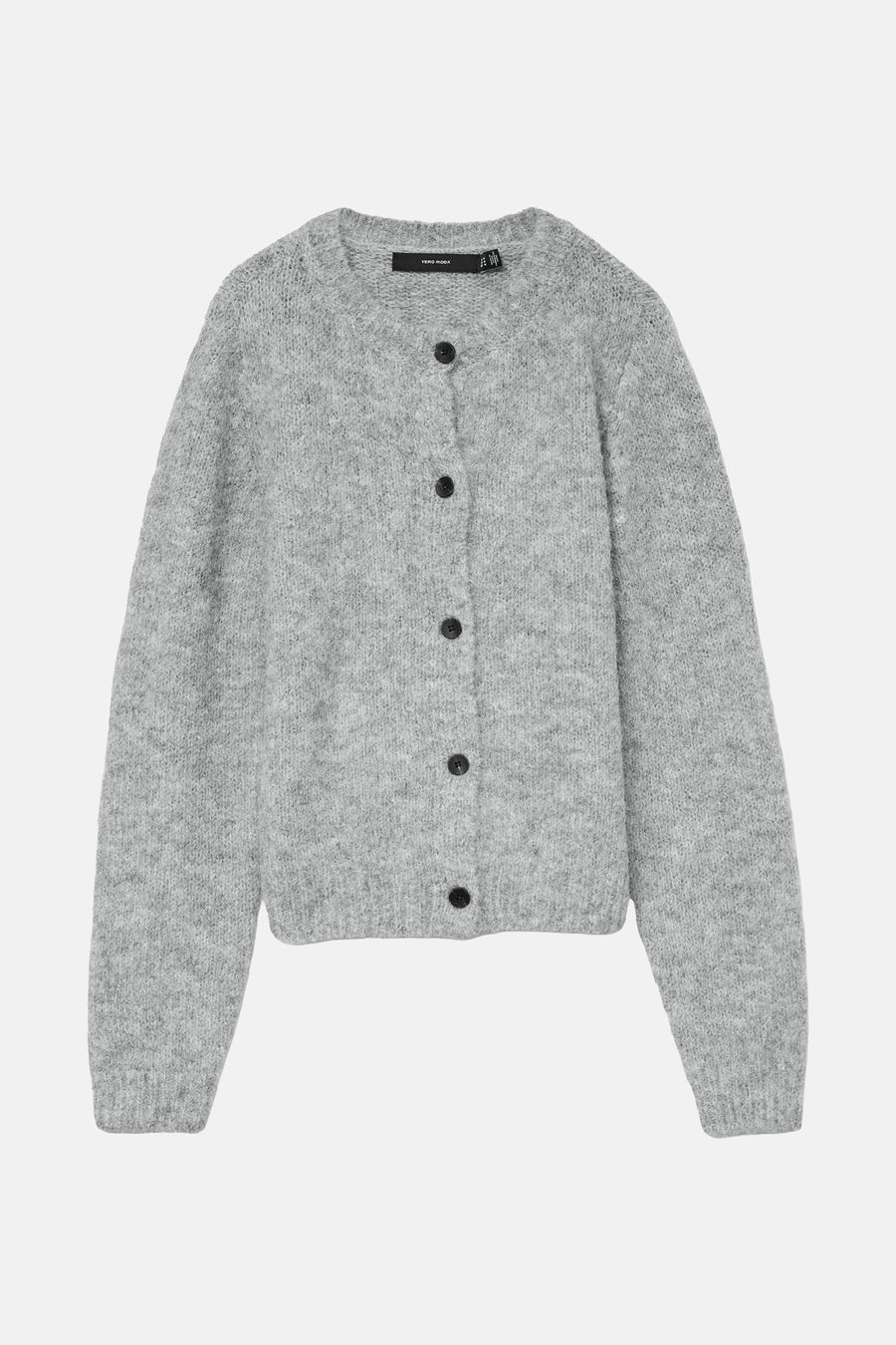 Gilet gris de VERO MODA, avec fermeture à boutons et une fine texture tricotée.