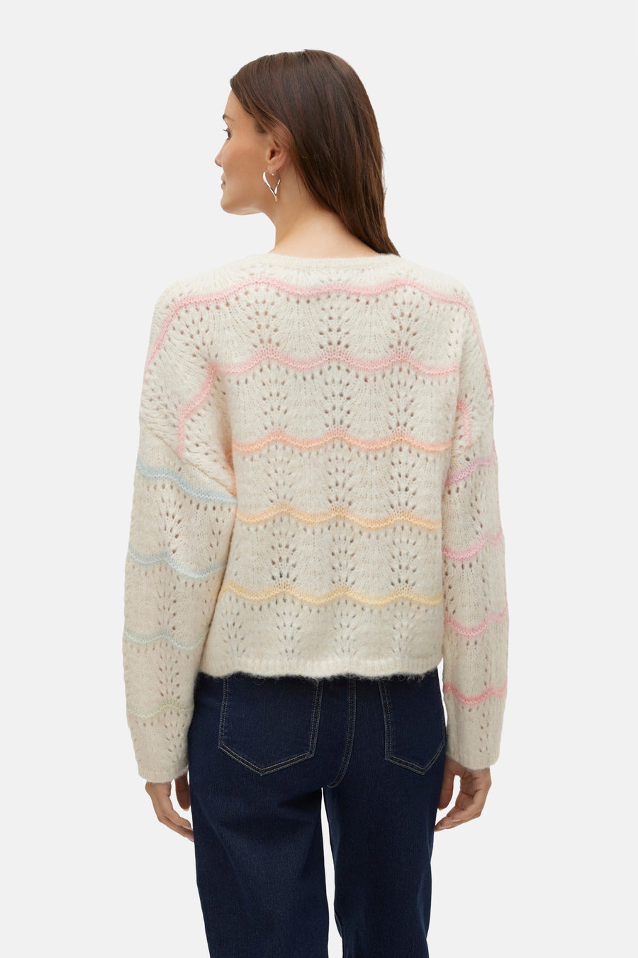 Ecru pull met ronde hals van Vero Moda, met open breisel en kleurrijke gestreepte details.
