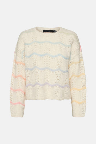 Ecru gebreide trui van VERO MODA met ronde hals en kleurrijke gestreepte details.
