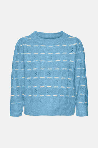 T-shirt bleu avec col rond de VERO MODA, doté d'un motif ajouré et de rayures horizontales.