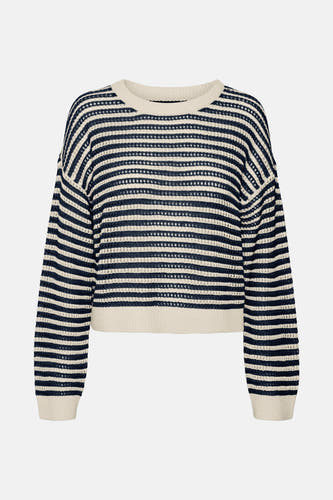 T-shirt écru avec col rond de VERO MODA, avec des rayures bleu marine et une texture tr tr ouverte.