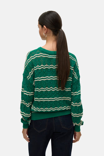 T-shirt vert avec col rond de VERO MODA, à rayures à carreaux et longues manches, vu de dos.