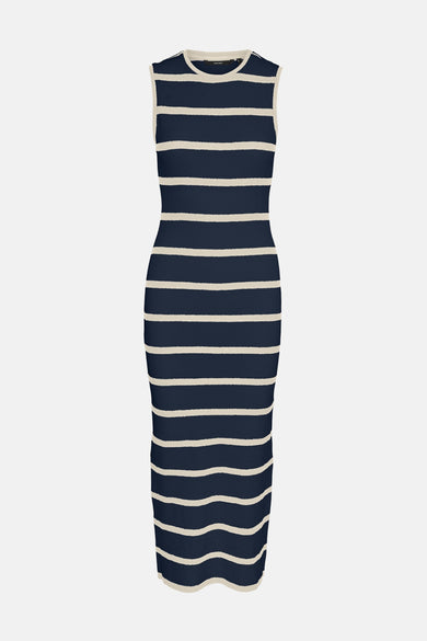 Jupe sans manches bleue de VERO MODA avec des rayures horizontales crème et une coupe ajustée.