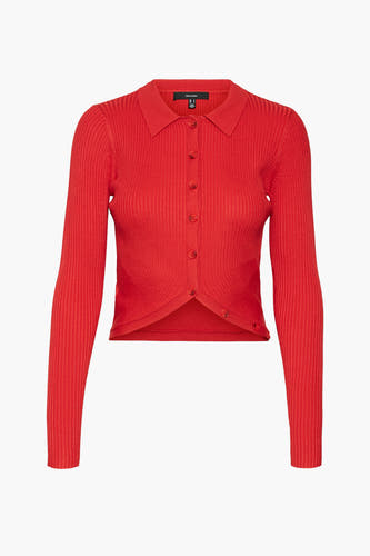 Pull-over rouge à col V de VERO MODA, avec longues manches et fermeture à boutons.