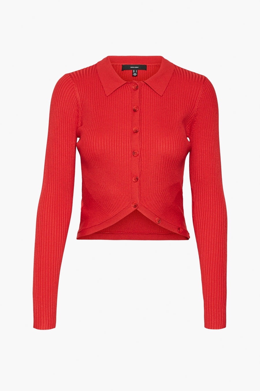 Pull-over rouge à col V de VERO MODA, avec longues manches et fermeture à boutons.