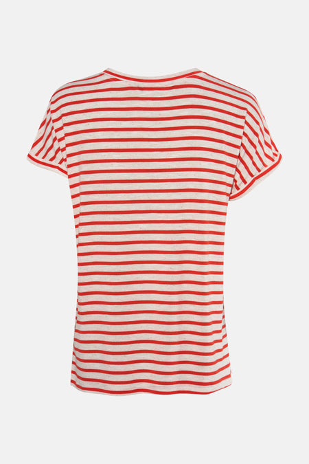 T-shirt rouge à manches courtes de VERO MODA, avec une impression horizontale rayée.