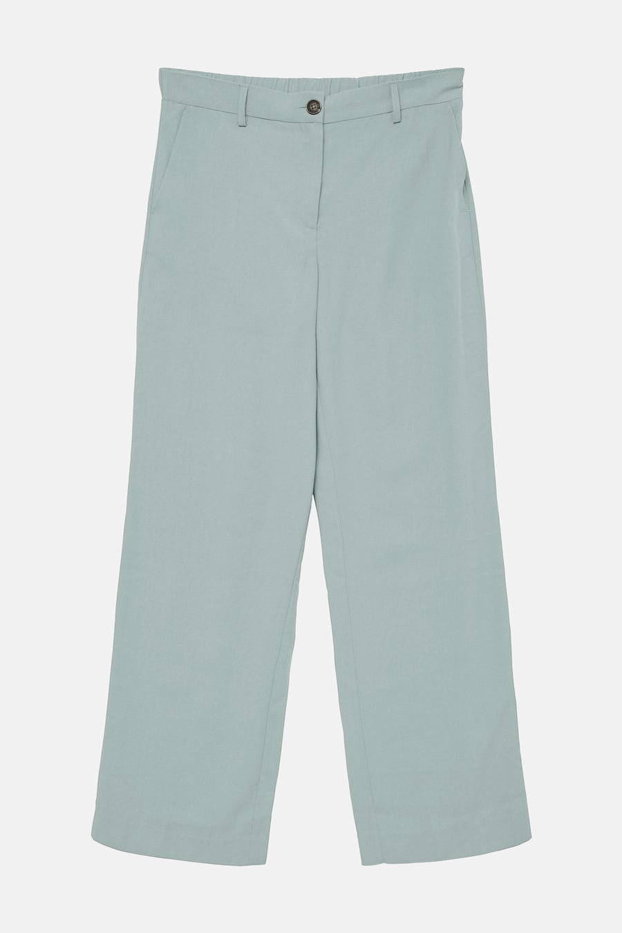 Blauwe broek van VERO MODA, met rechte pijpen en een knoopsluiting, op een witte achtergrond.