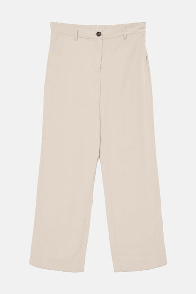 Beige pantalon met wijde pijpen.