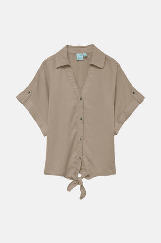 Blouse beige pour femme à manches courtes de VERO MODA, avec fermeture à boutons et détail rayé.