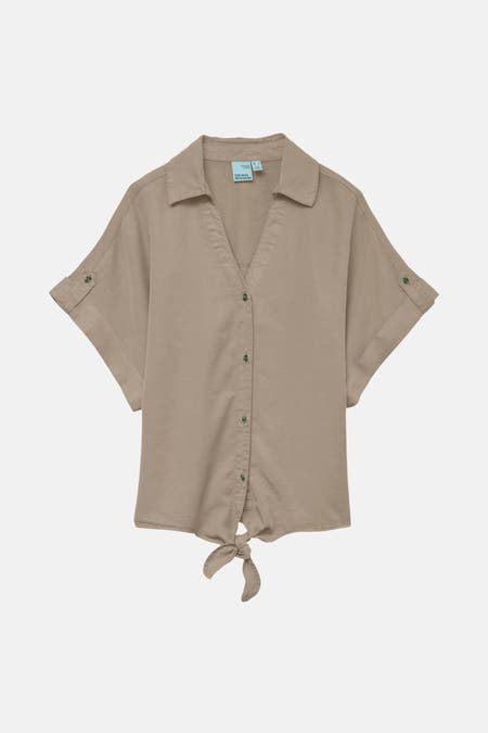 Blouse beige pour femme à manches courtes de VERO MODA, avec fermeture à boutons et détail rayé.