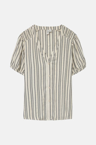 Chemise écru à manches courtes de Vero Moda, avec des rayures verticales noires et dorées.