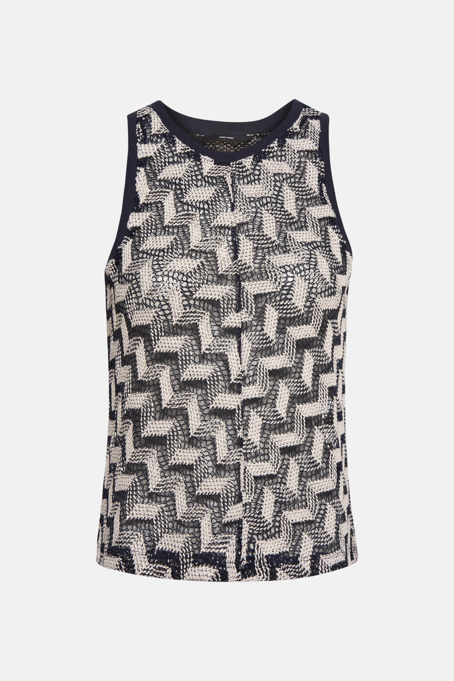 Mouwloze top met geometrisch patroon in marineblauw en ecru.