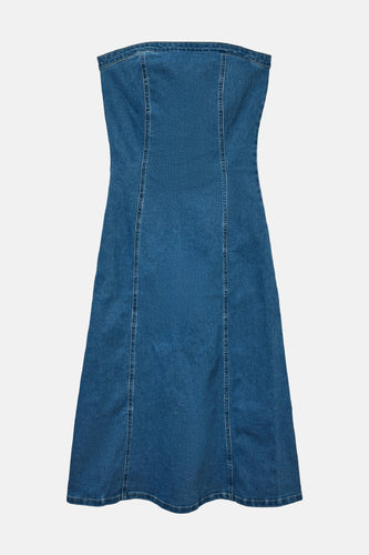 Denim strapless jurk.