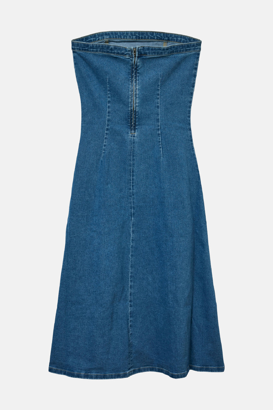 Strapless denim jurk met rits.