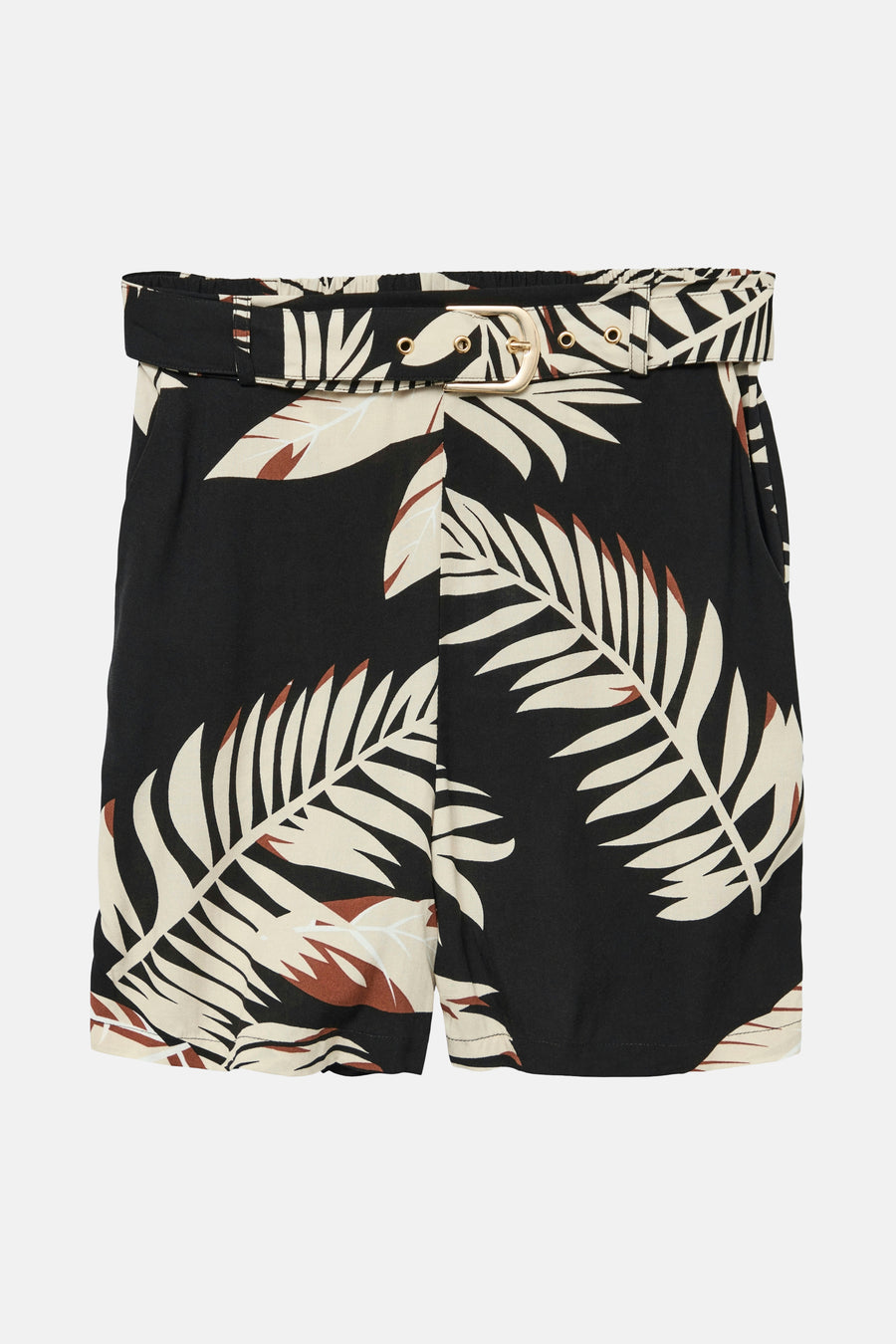 Short noir de Vero Moda, avec imprimé feuille et une ceinture en tissu avec un fermoir doré.