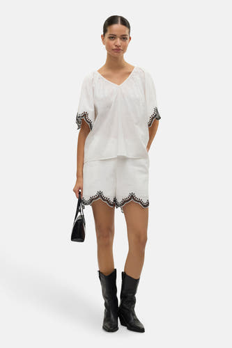 Witte short van VERO MODA, afgewerkt met een sierlijke, gehaakte rand aan de onderkant, gecombineerd met zwarte laarzen en een handtas.
