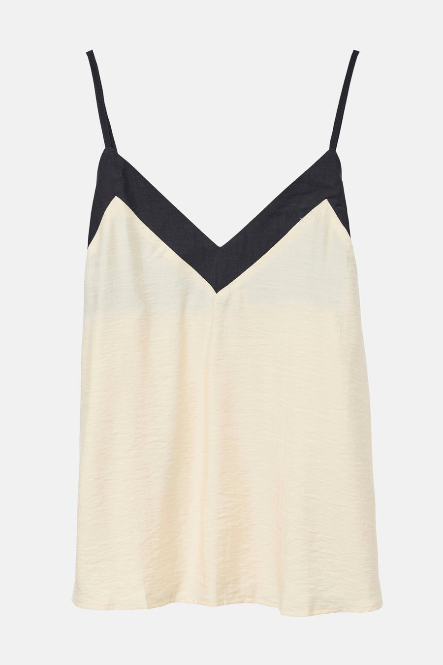 Crèmekleurige top met zwarte V-hals en spaghettibandjes.