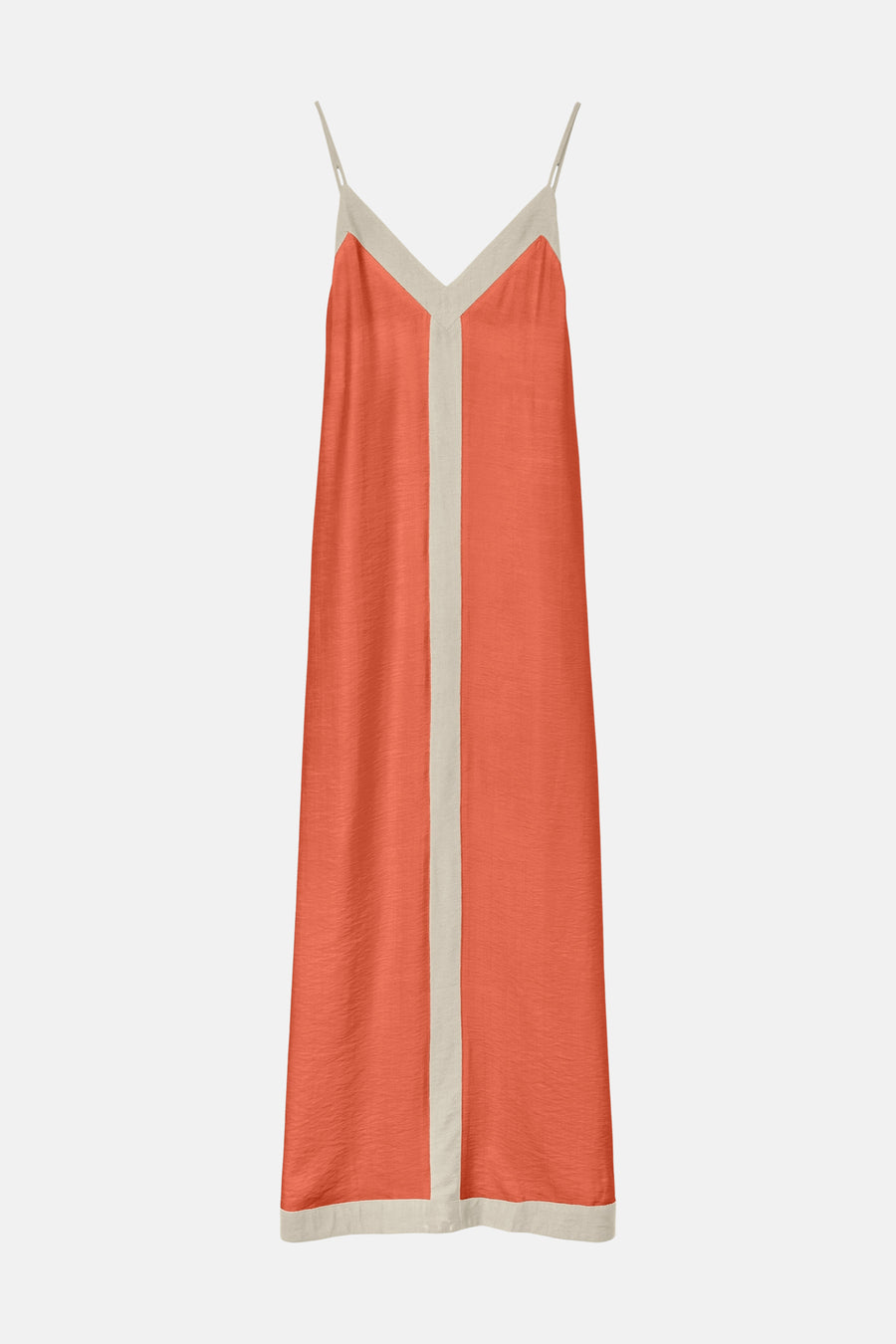 Robe sans manches orange de VERO MODA® avec passepoil beige en V, bande verticale et ourlet, et fines bretelles.